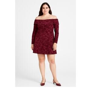 Wild Fable Women's Off Shoulder Mini Dress XL Burgundy Floral Long Sleeve Party